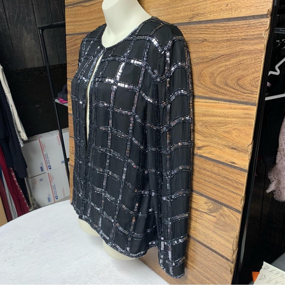 Scala Black Sequin Grid Open Front Jacket EUC - Picture 6 of 9